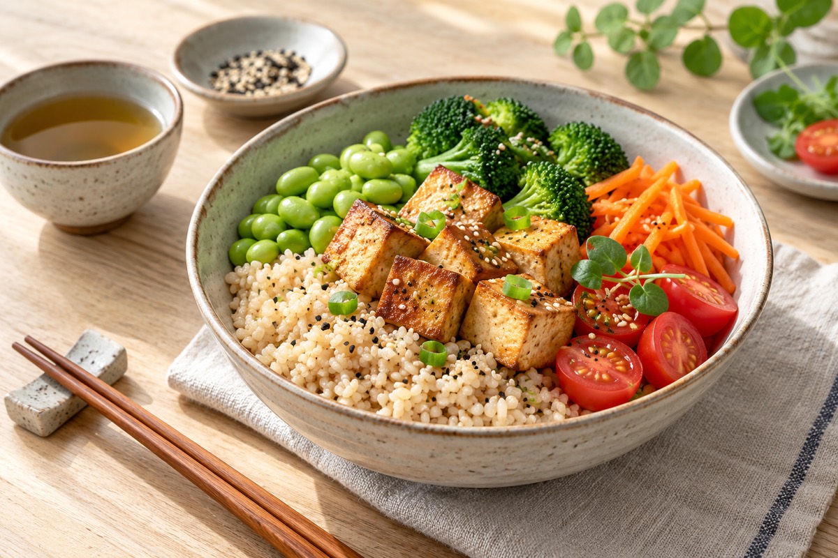 AI 生成的豆腐毛豆蔬菜餐盤示意
